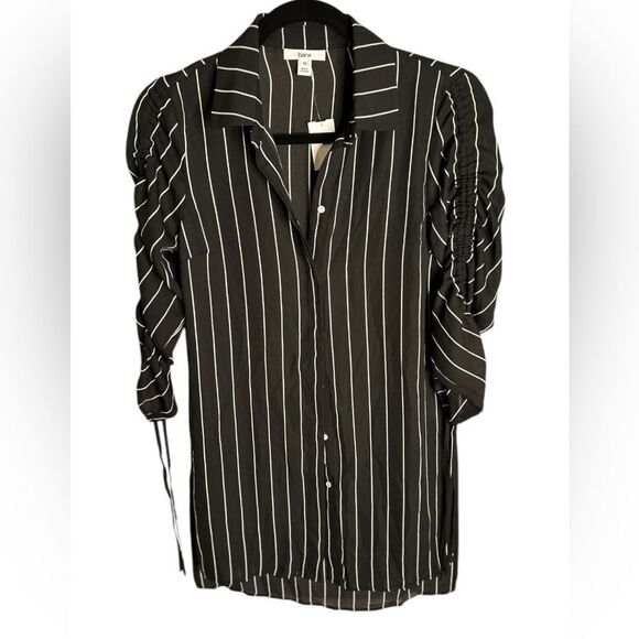 Bar II Women's Pinstripe Button Up Tunic. Ruched tie sleeves, High- to Tunic. - Picture 4 of 6